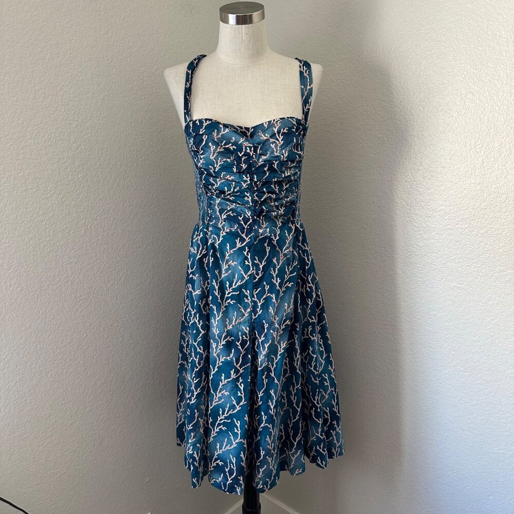 Anthropologie HD In Paris Blue Acropora Coral A Line Dress Ruched 12
